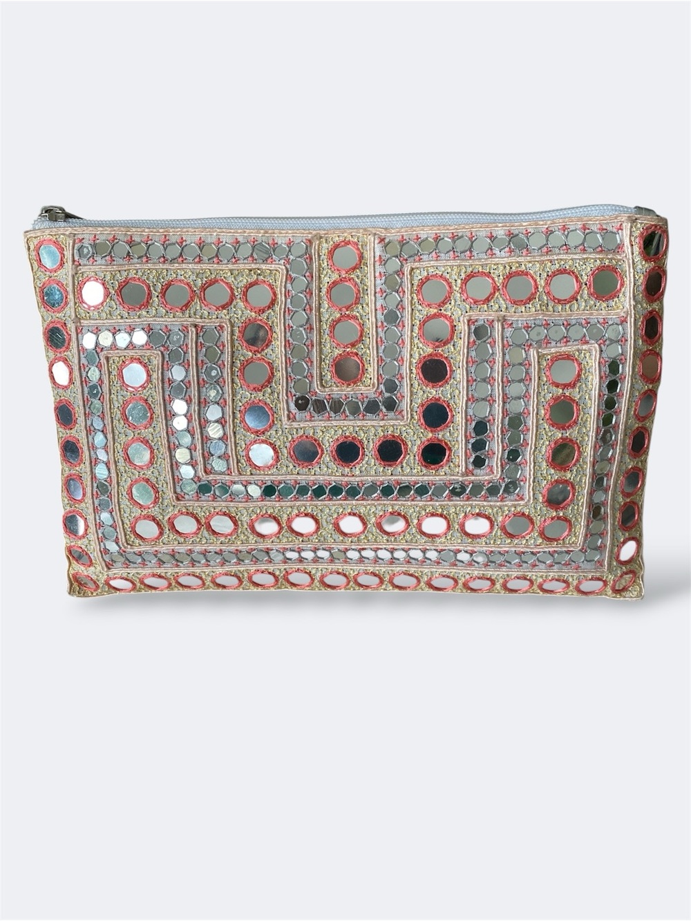 Peach Coral Mirror Embroidered Clutch
